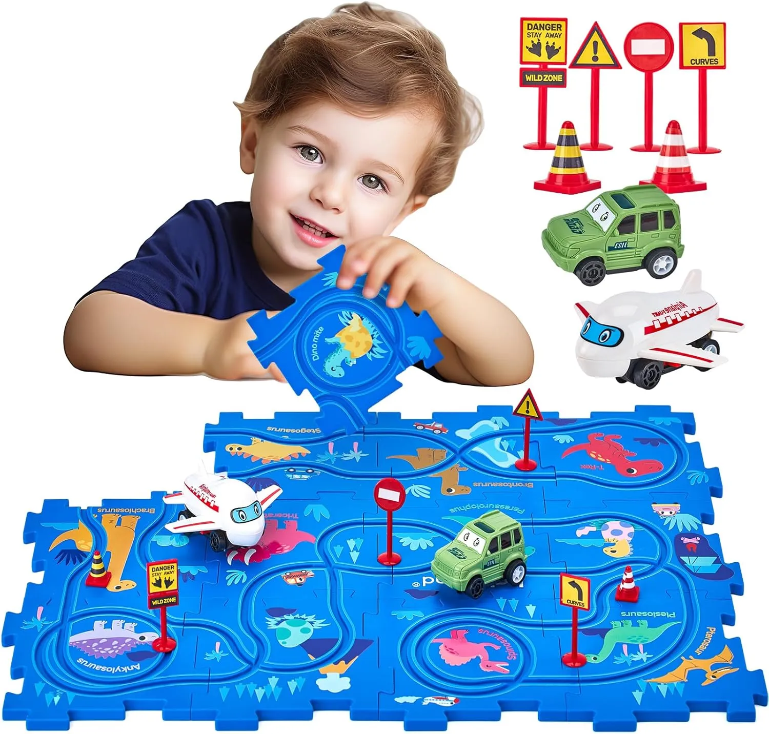 hahaland Puzzle Racer Kids Car Track Set - 5x5 Inches Larger Size of Each Piece Toys for Ages 2-4 for Kids 3 Year Old Boy Toys for 3-5 Birthday Gifts