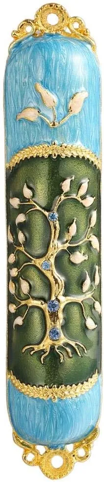 Hand Painted Enamel Mezuzah Embellished with a Tree of Life Design with Gold Accents and Crystals by Matashi, (MTMZ221)