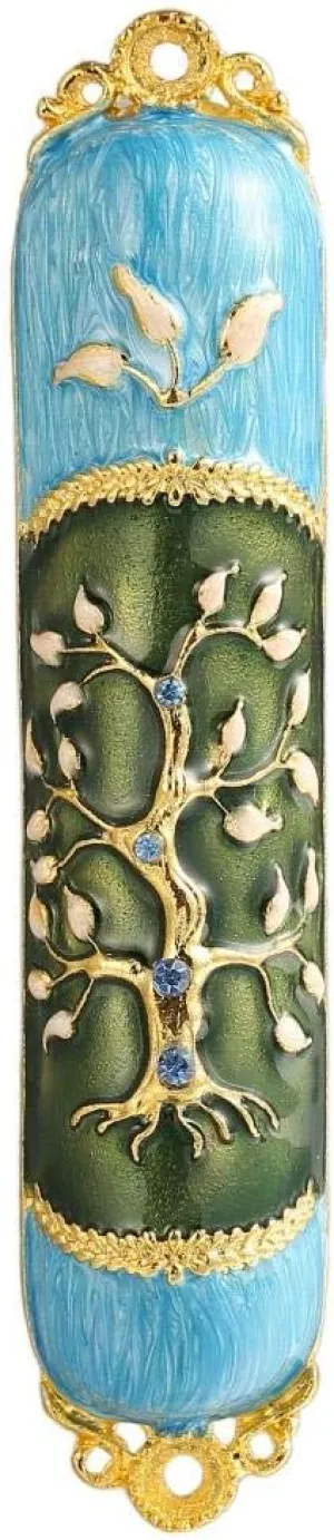 Hand Painted Enamel Mezuzah Embellished with a Tree of Life Design with Gold Accents and Crystals by Matashi, (MTMZ221)