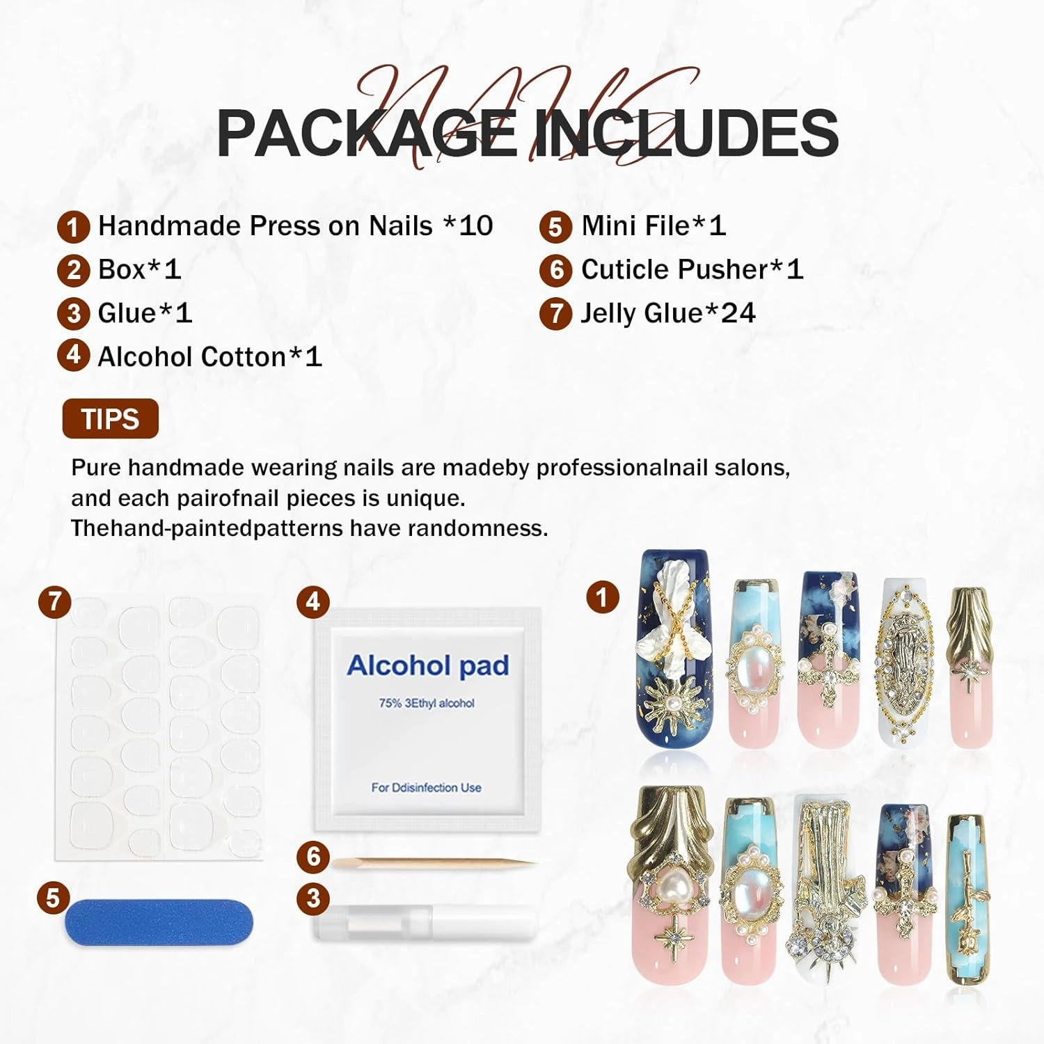 Handmade Press on Nails Long Square, XL Reusable Fake Nails Blue Nude Style with Sun Goddess & Gold 3D Flower Art XXL Luxury Acrylic French Tips With Cross Scepter & Aurora Design for Women