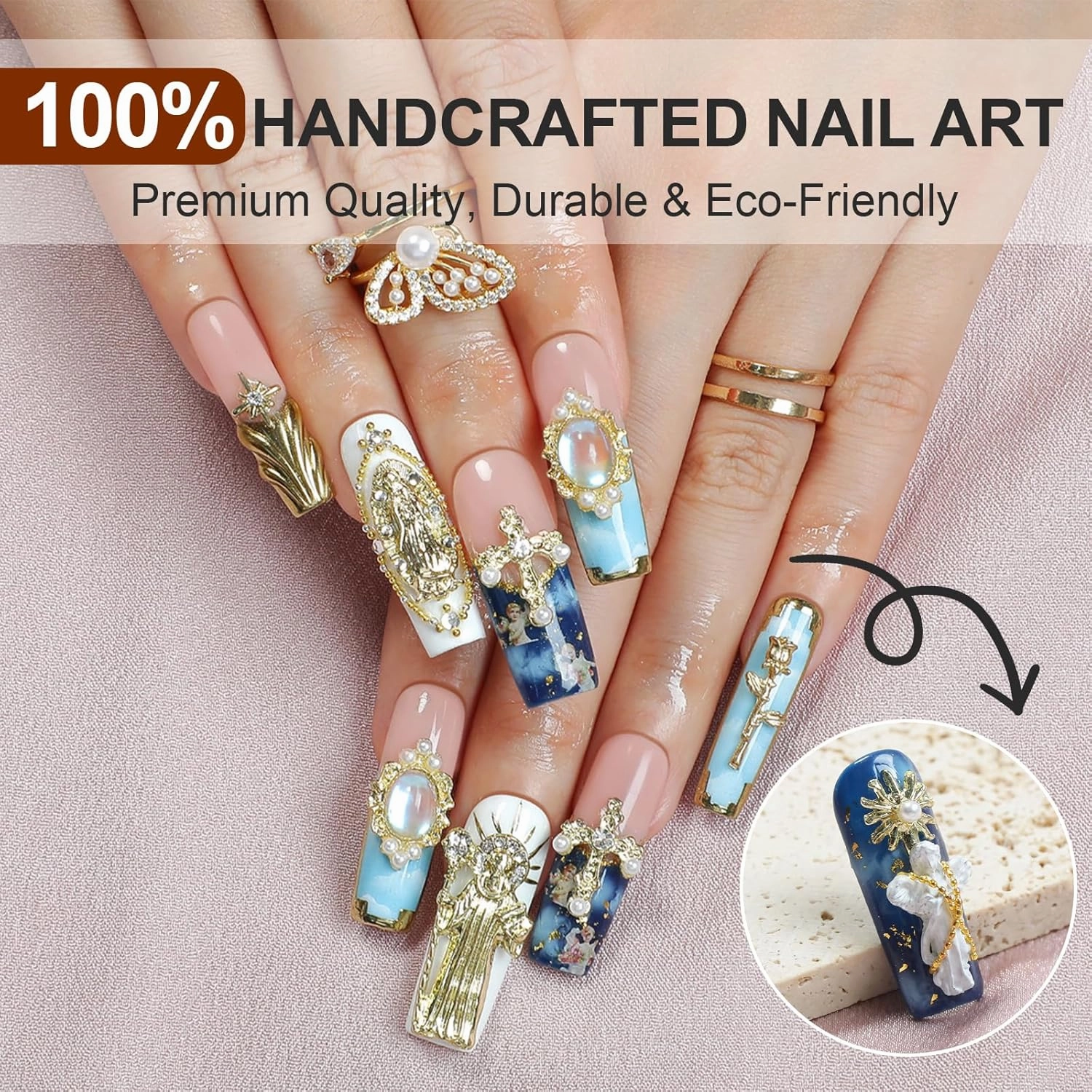 Handmade Press on Nails Long Square, XL Reusable Fake Nails Blue Nude Style with Sun Goddess & Gold 3D Flower Art XXL Luxury Acrylic French Tips With Cross Scepter & Aurora Design for Women
