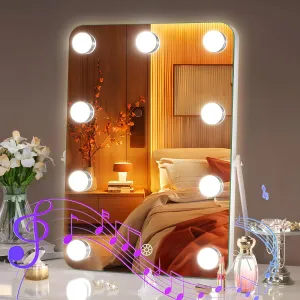 Hasipu LED Makeup Mirror with Bluetooth Speaker, 10" x 14" Hollywood Vanity Mirror with Lights, Rounded Rectangle White Frame, 3 Modes Light, Smart Touch Control Dimmable, 360°Rotation