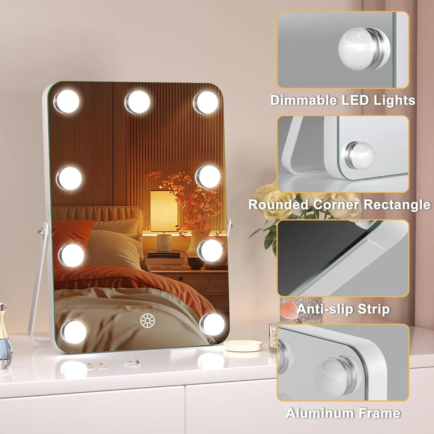 Hasipu LED Makeup Mirror with Bluetooth Speaker, 10" x 14" Hollywood Vanity Mirror with Lights, Rounded Rectangle White Frame, 3 Modes Light, Smart Touch Control Dimmable, 360°Rotation