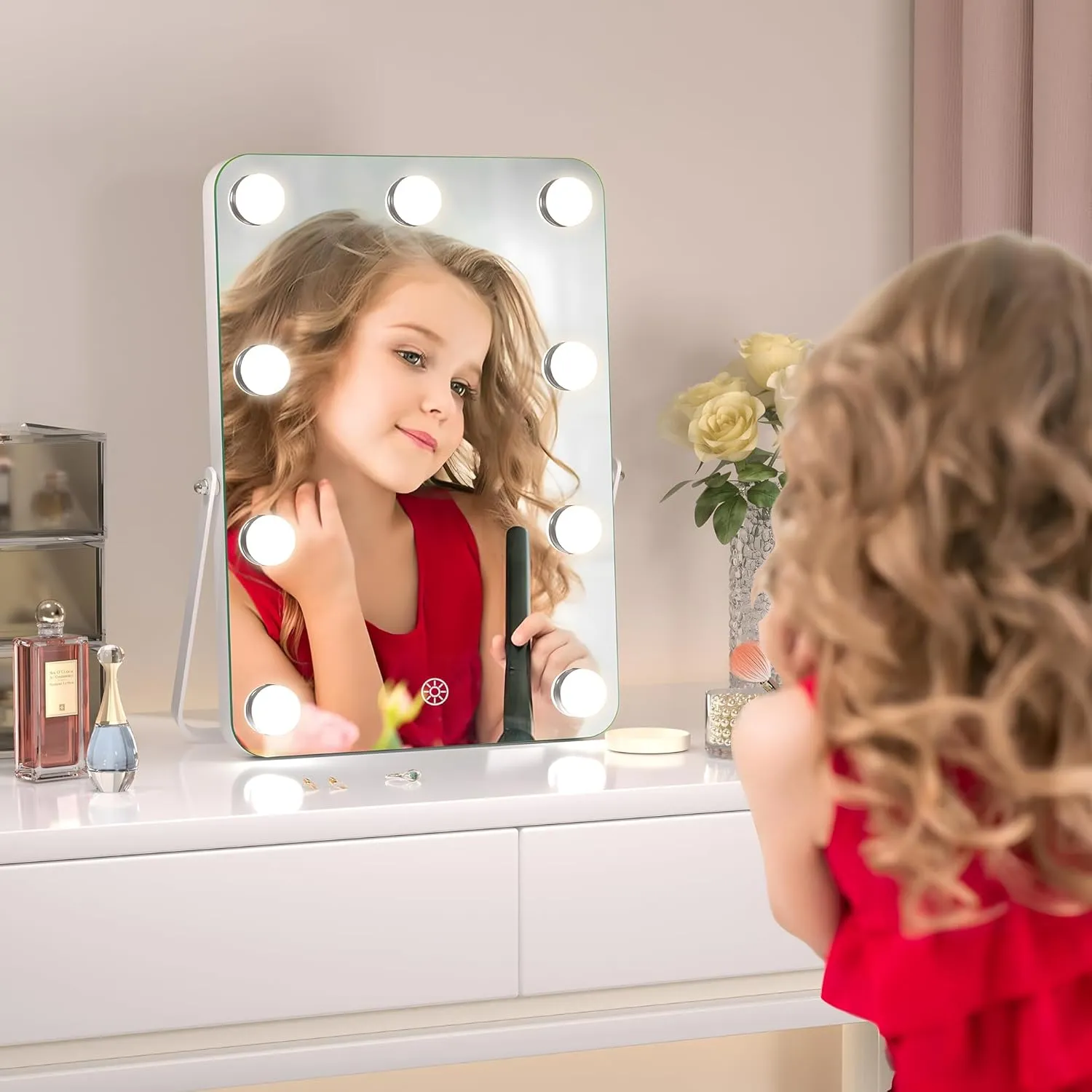 Hasipu LED Makeup Mirror with Bluetooth Speaker, 10" x 14" Hollywood Vanity Mirror with Lights, Rounded Rectangle White Frame, 3 Modes Light, Smart Touch Control Dimmable, 360°Rotation