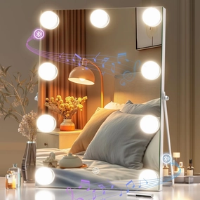 Hasipu Vanity Mirror with Lights and Bluetooth Speaker, 9.8" x 13.8" Hollywood Mirror with 9 Dimmable Bulbs, Smart Touch 3 Colors Dimmable, 360° Rotation, White