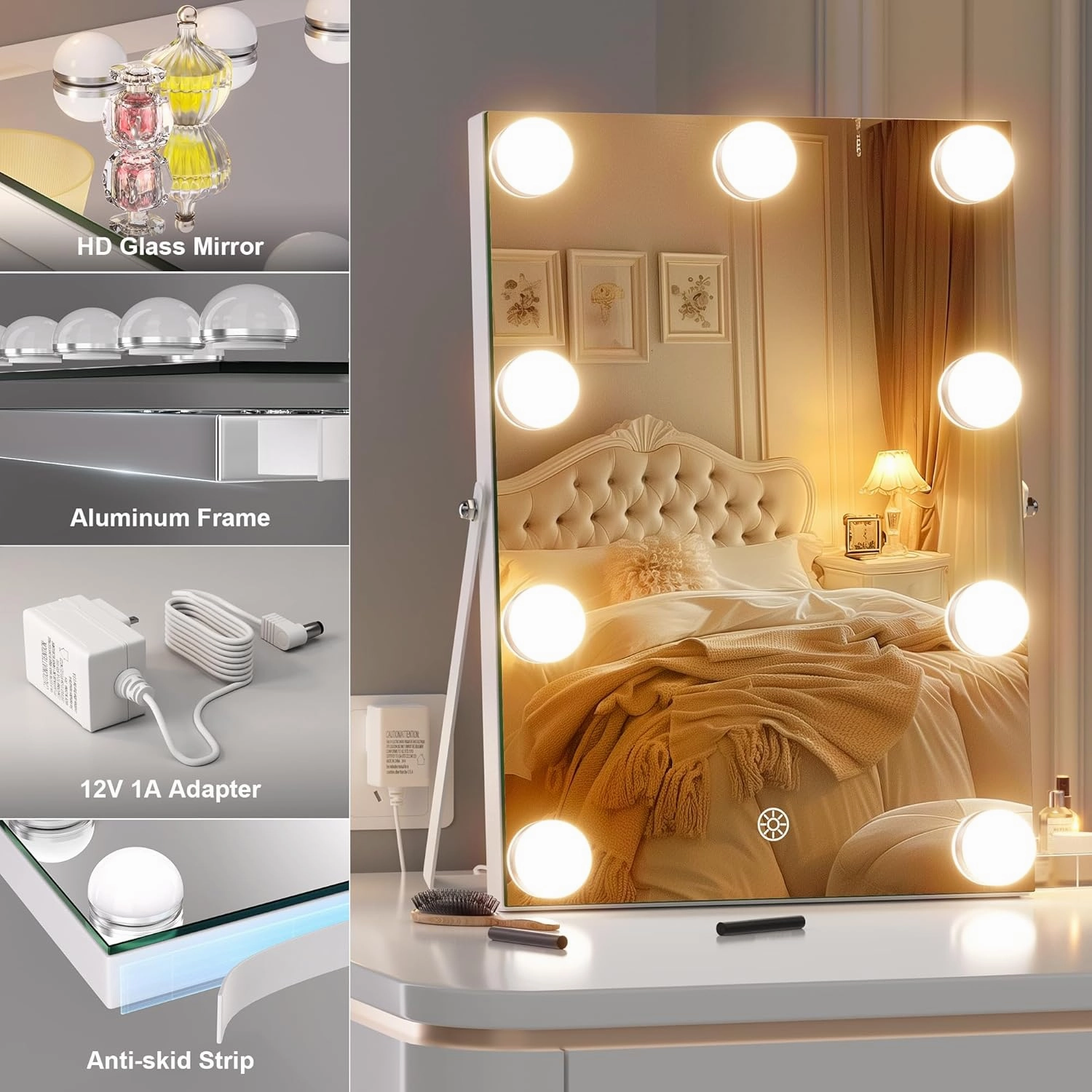 Hasipu Vanity Mirror with Lights and Bluetooth Speaker, 9.8" x 13.8" Hollywood Mirror with 9 Dimmable Bulbs, Smart Touch 3 Colors Dimmable, 360° Rotation, White