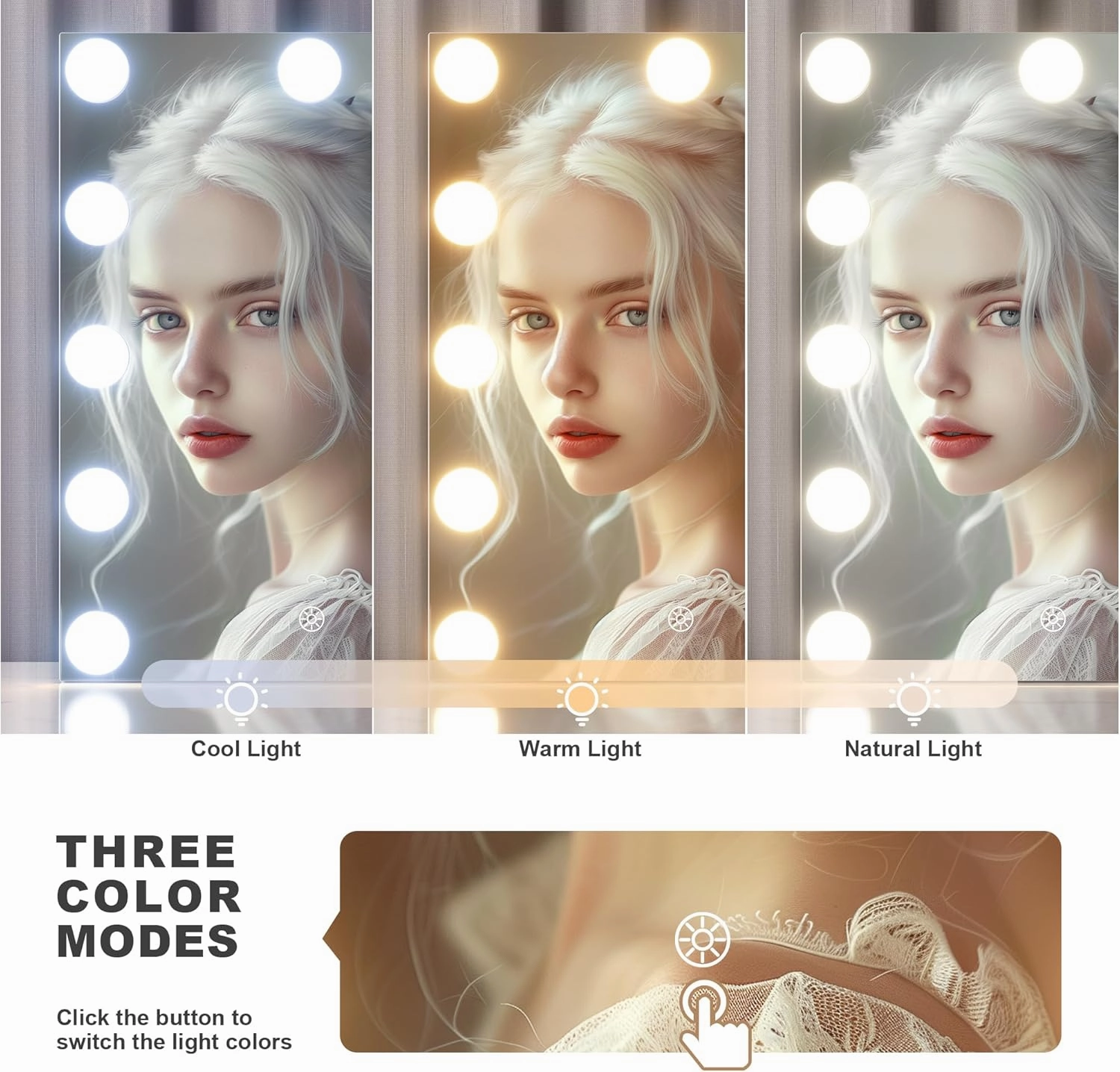 Hasipu Vanity Mirror with Lights and Bluetooth Speaker, 9.8" x 13.8" Hollywood Mirror with 9 Dimmable Bulbs, Smart Touch 3 Colors Dimmable, 360° Rotation, White