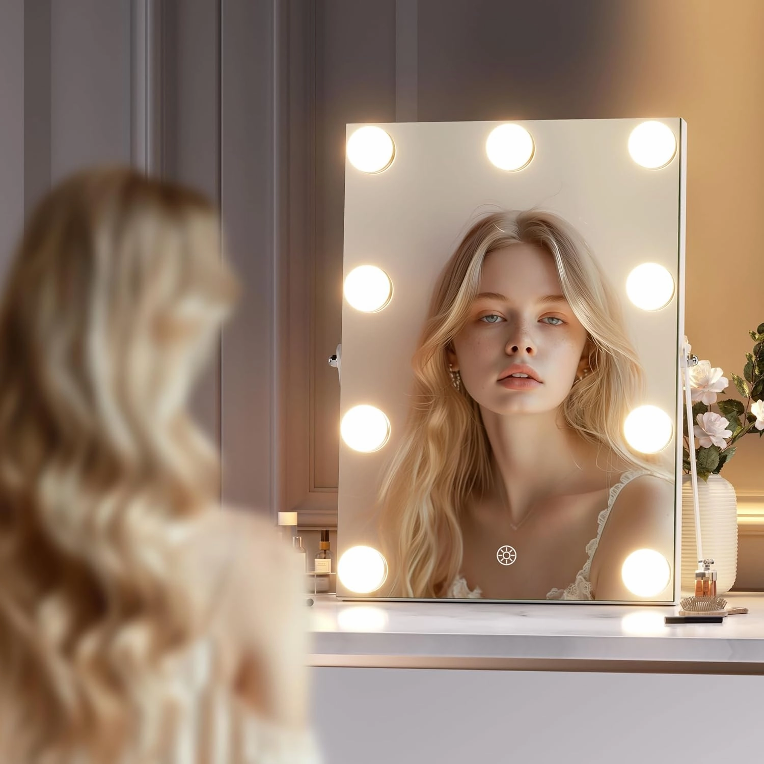 Hasipu Vanity Mirror with Lights and Bluetooth Speaker, 9.8" x 13.8" Hollywood Mirror with 9 Dimmable Bulbs, Smart Touch 3 Colors Dimmable, 360° Rotation, White