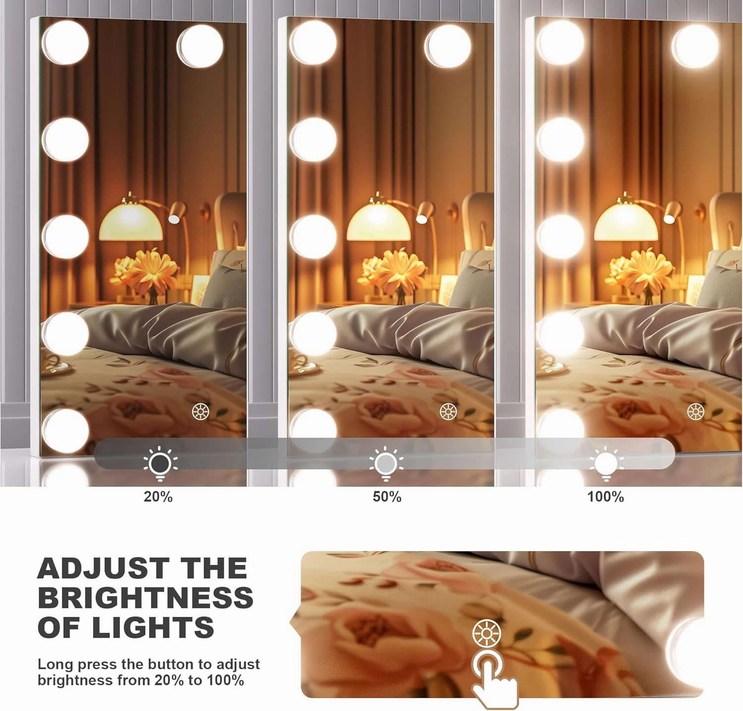 Hasipu Vanity Mirror with Lights and Bluetooth Speaker, 9.8" x 13.8" Hollywood Mirror with 9 Dimmable Bulbs, Smart Touch 3 Colors Dimmable, 360° Rotation, White