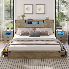 Hasuit Farmhouse Bed Frame King Size with Storage Bookcase Headboard, Wooden King Bed with LED Lights, Charging Station, 2 Drawers, Country Rustic Bed Frame with Sliding Barn Door
