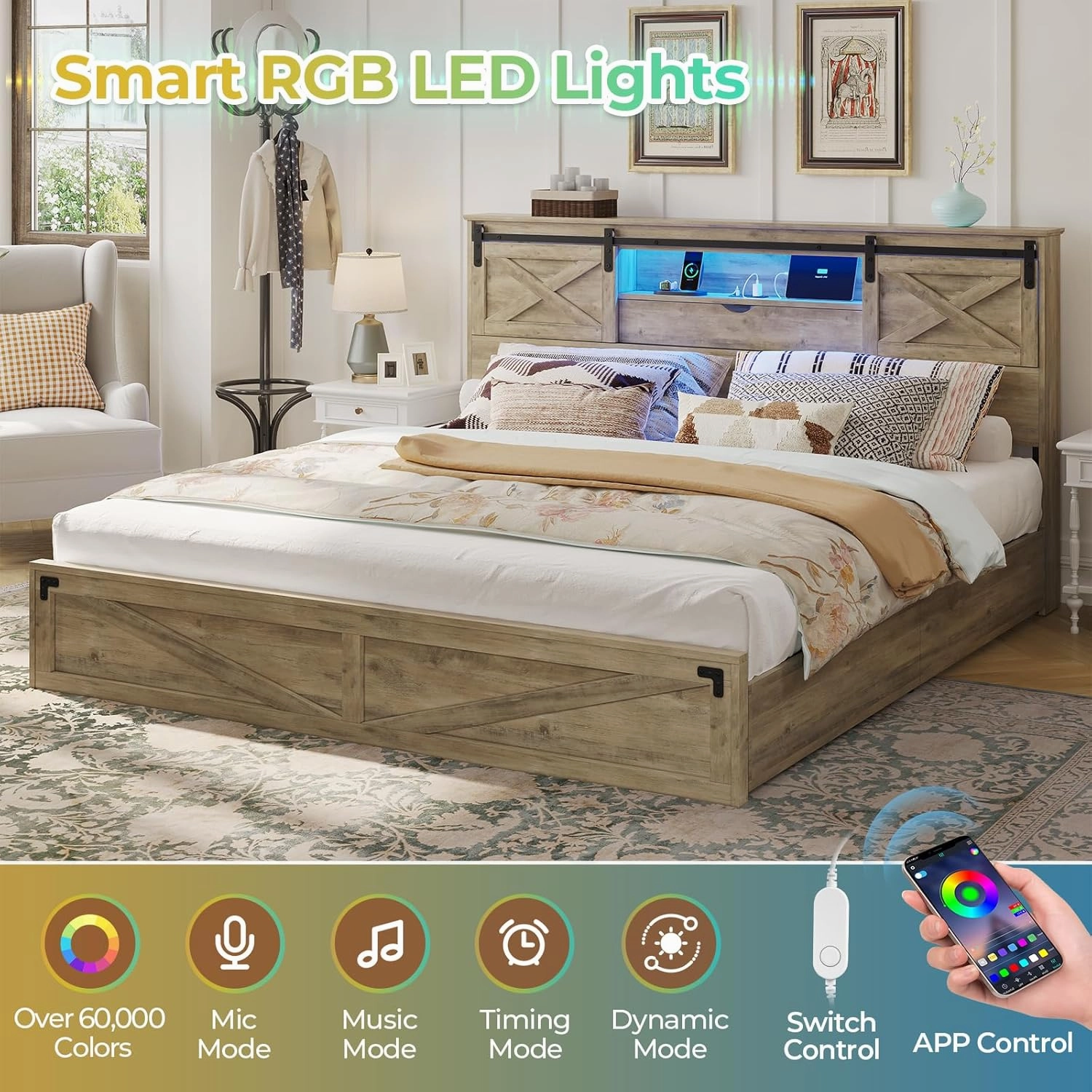 Hasuit Farmhouse Bed Frame King Size with Storage Bookcase Headboard, Wooden King Bed with LED Lights, Charging Station, 2 Drawers, Country Rustic Bed Frame with Sliding Barn Door