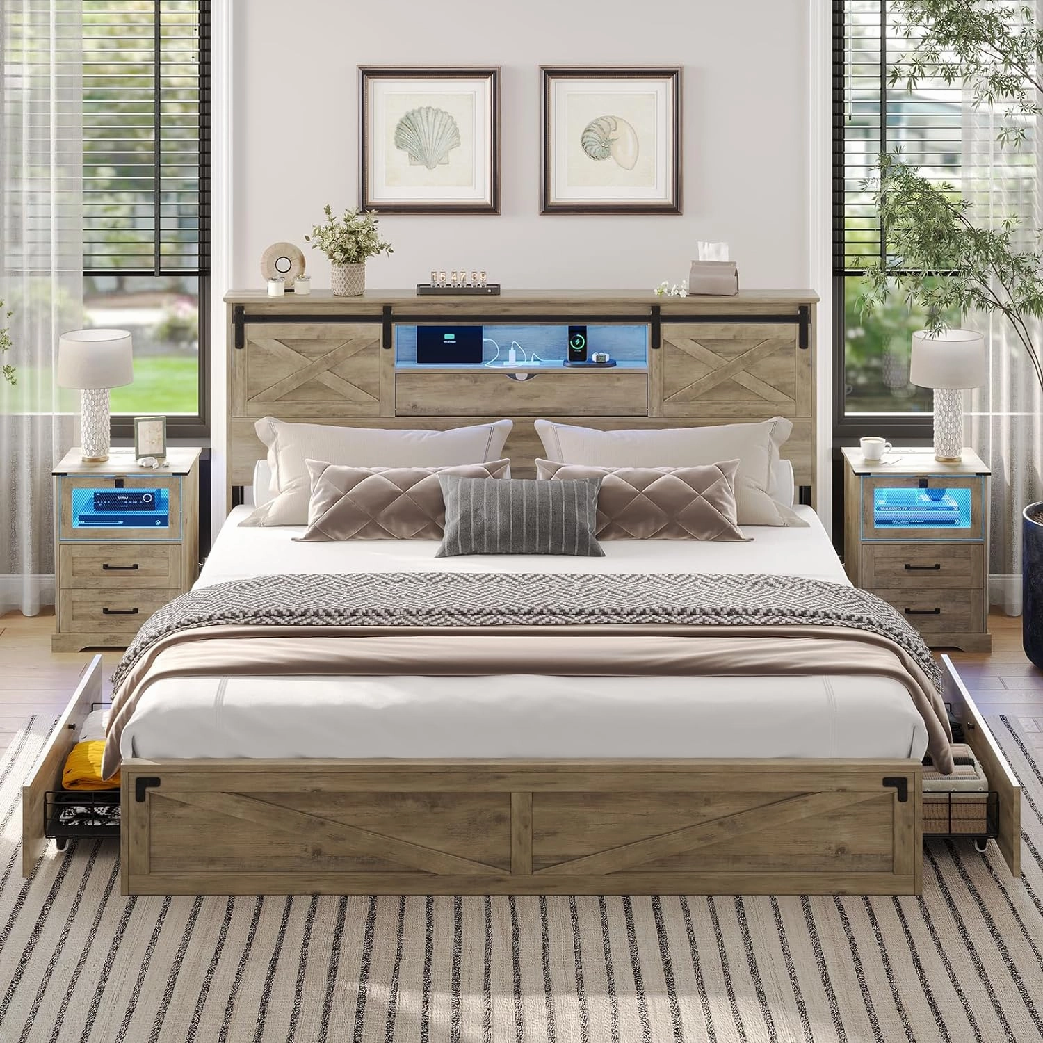 Hasuit Farmhouse Bed Frame King Size with Storage Bookcase Headboard, Wooden King Bed with LED Lights, Charging Station, 2 Drawers, Country Rustic Bed Frame with Sliding Barn Door
