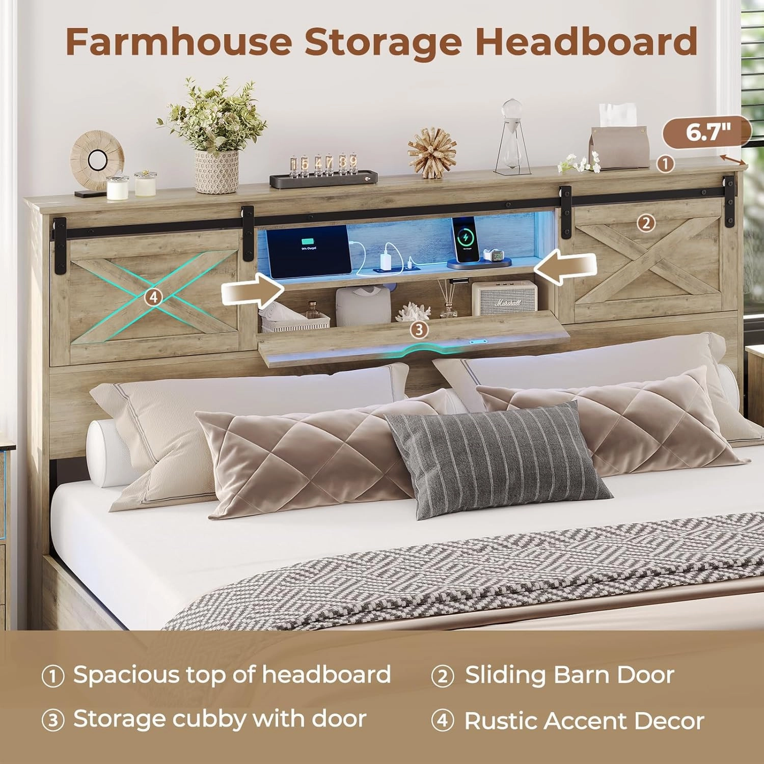 Hasuit Farmhouse Bed Frame King Size with Storage Bookcase Headboard, Wooden King Bed with LED Lights, Charging Station, 2 Drawers, Country Rustic Bed Frame with Sliding Barn Door