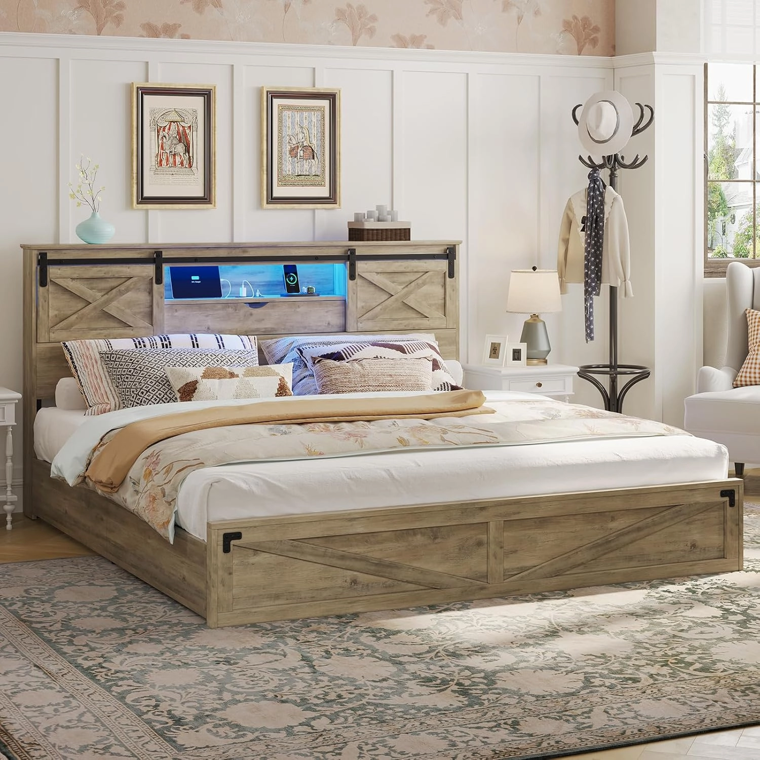 Hasuit Farmhouse Bed Frame King Size with Storage Bookcase Headboard, Wooden King Bed with LED Lights, Charging Station, 2 Drawers, Country Rustic Bed Frame with Sliding Barn Door