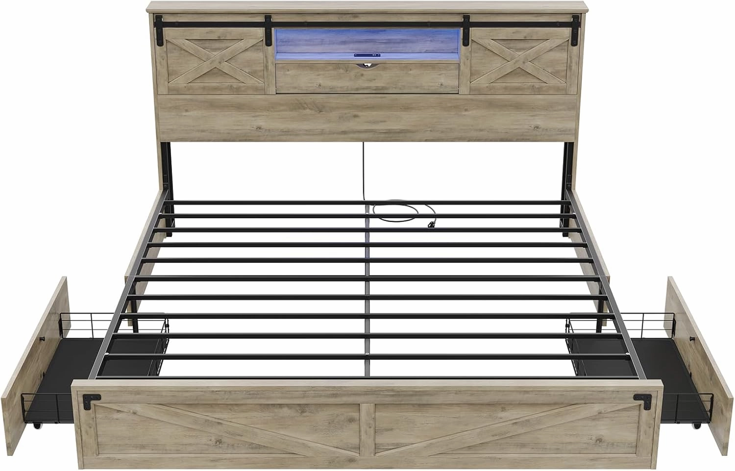 Hasuit Farmhouse Bed Frame King Size with Storage Bookcase Headboard, Wooden King Bed with LED Lights, Charging Station, 2 Drawers, Country Rustic Bed Frame with Sliding Barn Door