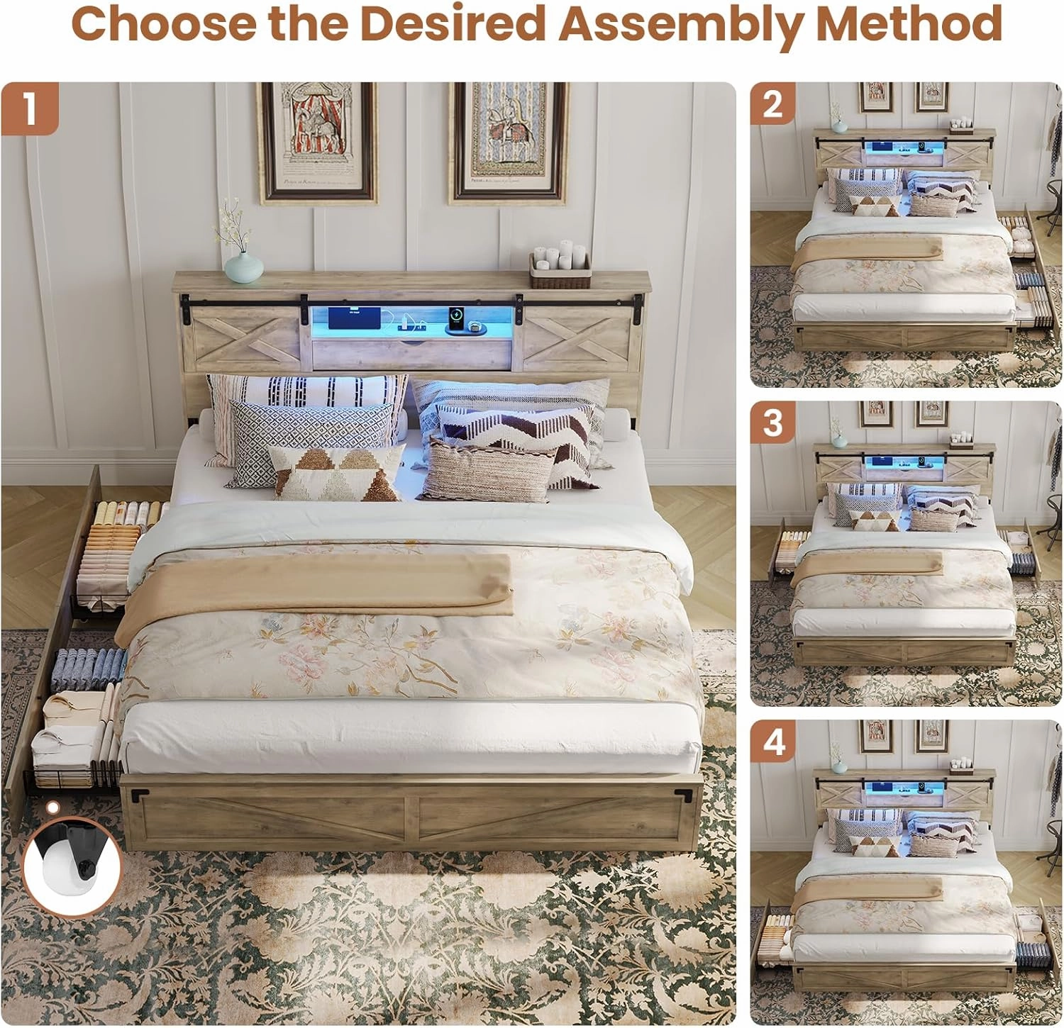 Hasuit Farmhouse Bed Frame King Size with Storage Bookcase Headboard, Wooden King Bed with LED Lights, Charging Station, 2 Drawers, Country Rustic Bed Frame with Sliding Barn Door