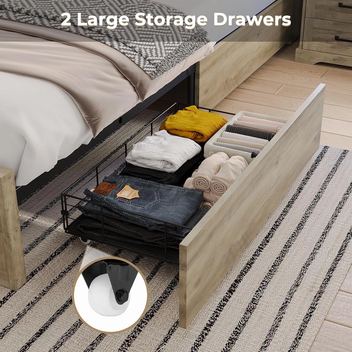 Hasuit Farmhouse Bed Frame King Size with Storage Bookcase Headboard, Wooden King Bed with LED Lights, Charging Station, 2 Drawers, Country Rustic Bed Frame with Sliding Barn Door