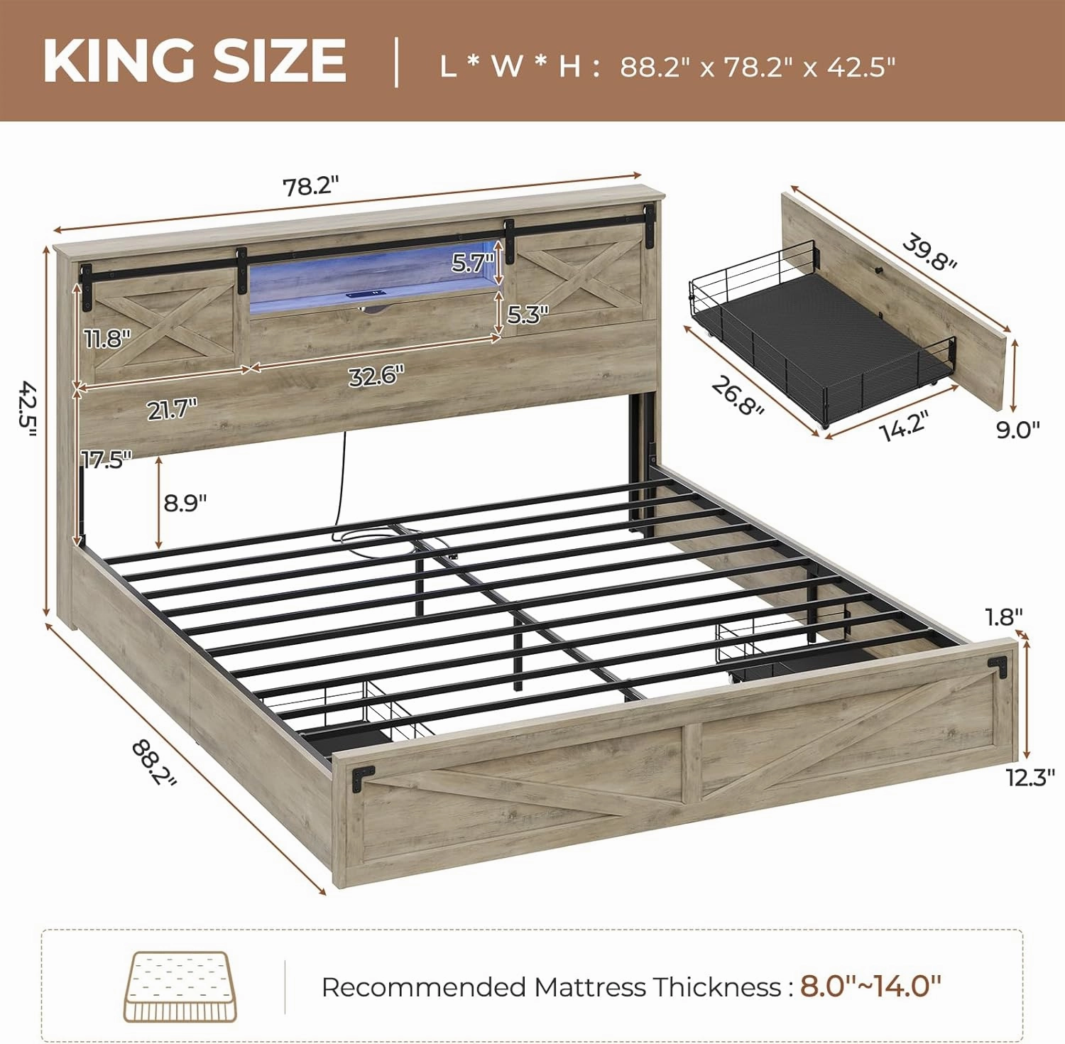 Hasuit Farmhouse Bed Frame King Size with Storage Bookcase Headboard, Wooden King Bed with LED Lights, Charging Station, 2 Drawers, Country Rustic Bed Frame with Sliding Barn Door