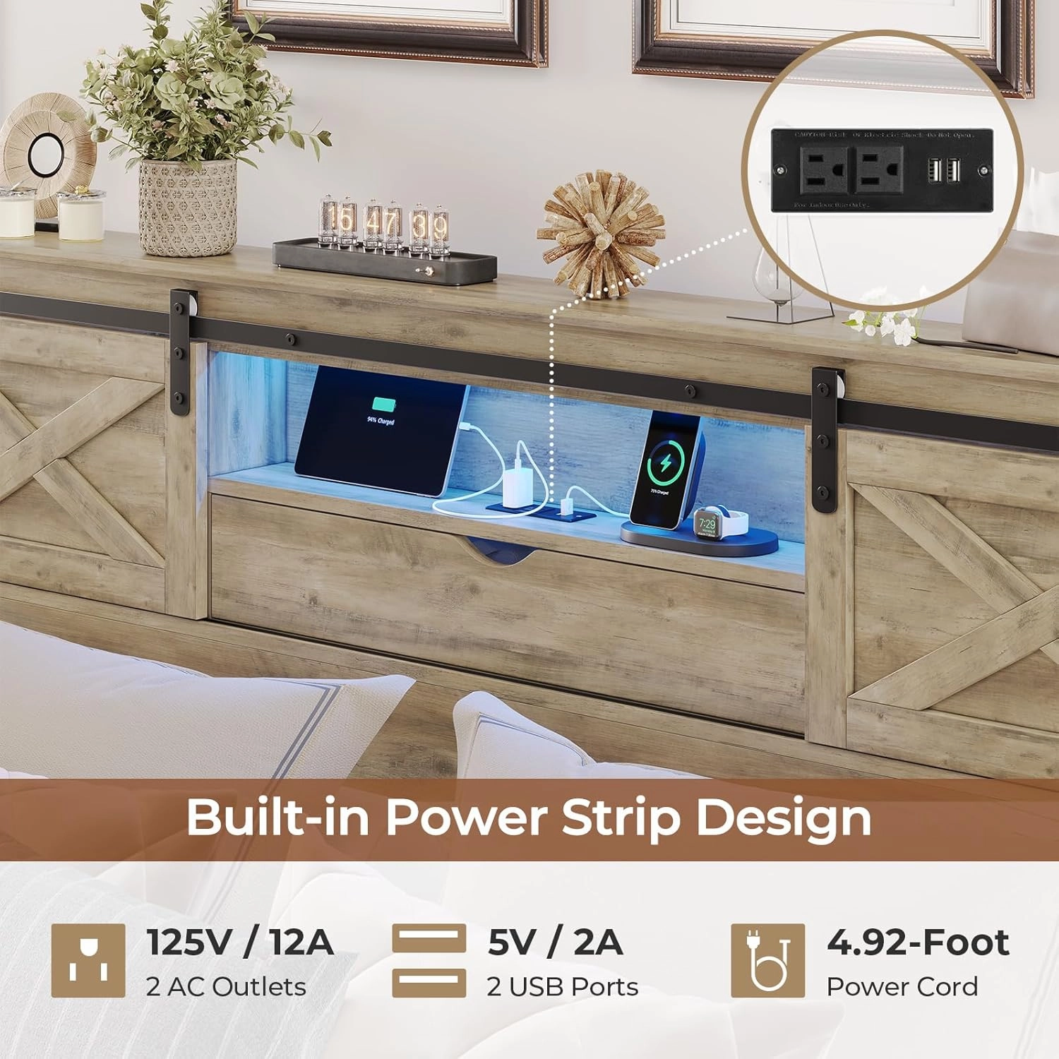 Hasuit Farmhouse Bed Frame King Size with Storage Bookcase Headboard, Wooden King Bed with LED Lights, Charging Station, 2 Drawers, Country Rustic Bed Frame with Sliding Barn Door