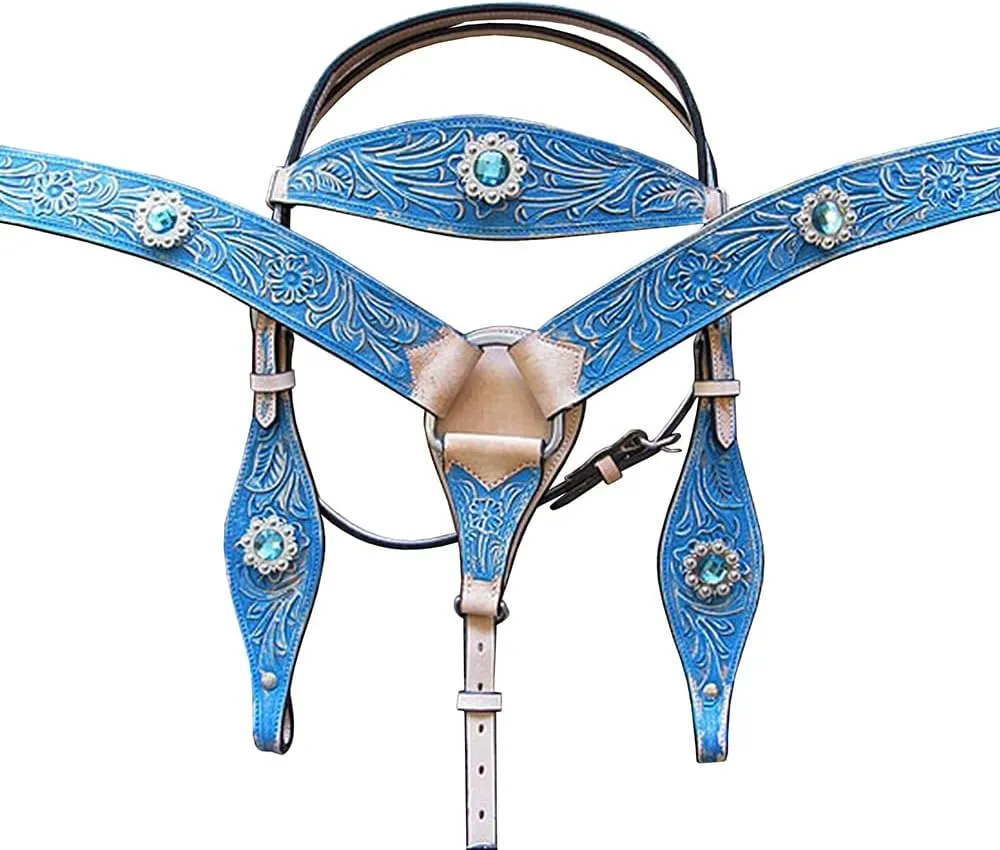 HILASON American Leather Hand Painted Horse Headstall Breast Collar | Leather Headstall | Leather Breast Collar | Tack Set for Horses | Horse Tack Set