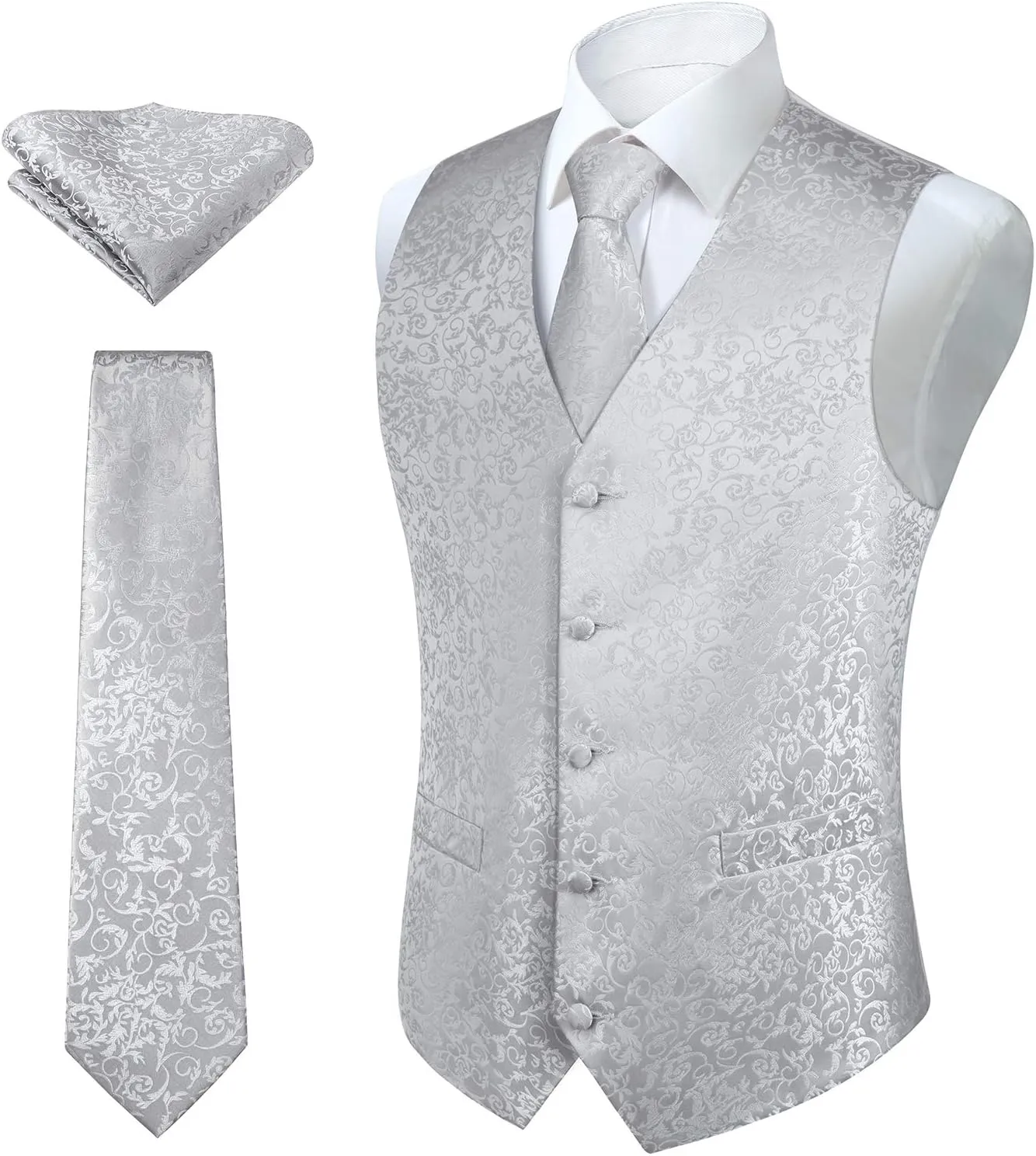 HISDERN Mens Vest Tie Set 3PC Formal Waistcoat Paisley Floral Jacquard Necktie Pocket Square Suit Vests Wedding Party