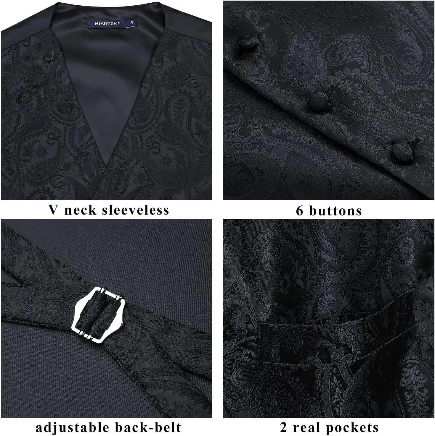 HISDERN Mens Vest Tie Set 3PC Formal Waistcoat Paisley Floral Jacquard Necktie Pocket Square Suit Vests Wedding Party