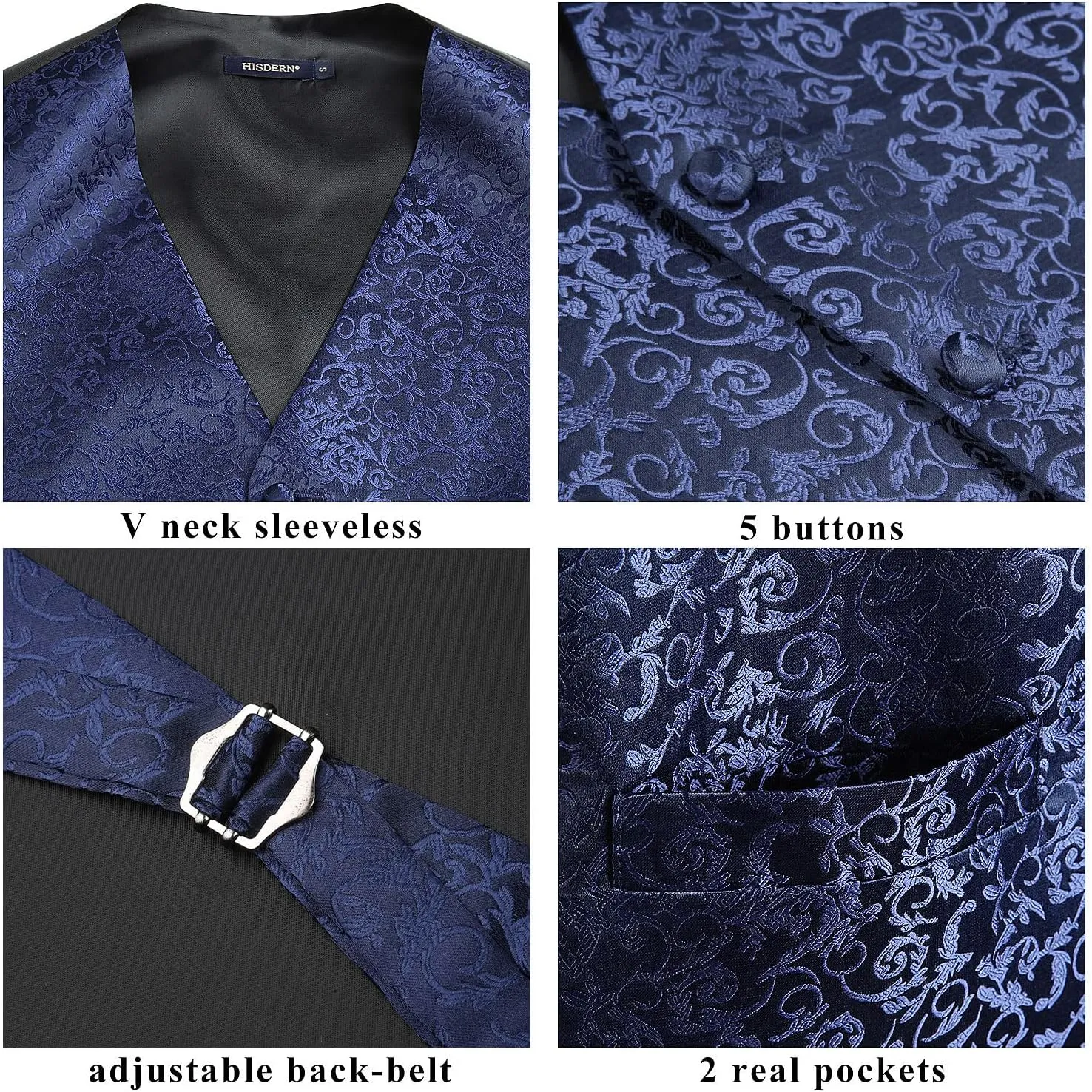 HISDERN Mens Vest Tie Set 3PC Formal Waistcoat Paisley Floral Jacquard Necktie Pocket Square Suit Vests Wedding Party
