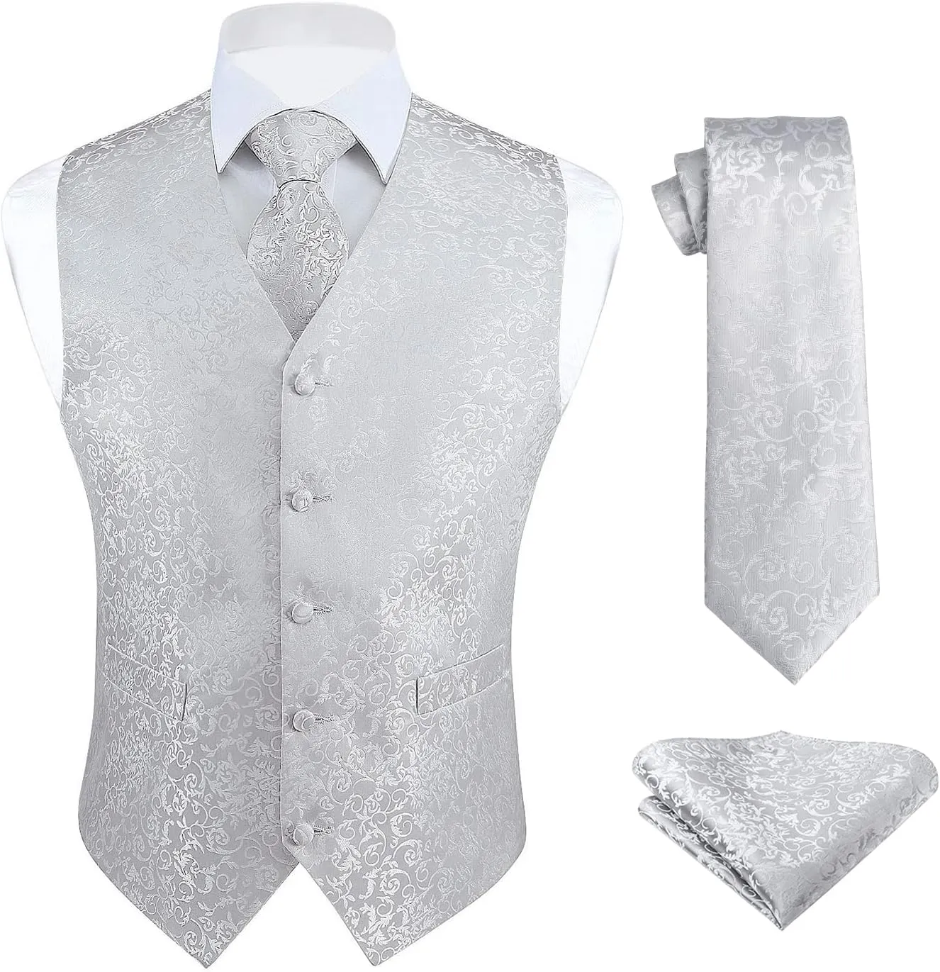 HISDERN Mens Vest Tie Set 3PC Formal Waistcoat Paisley Floral Jacquard Necktie Pocket Square Suit Vests Wedding Party