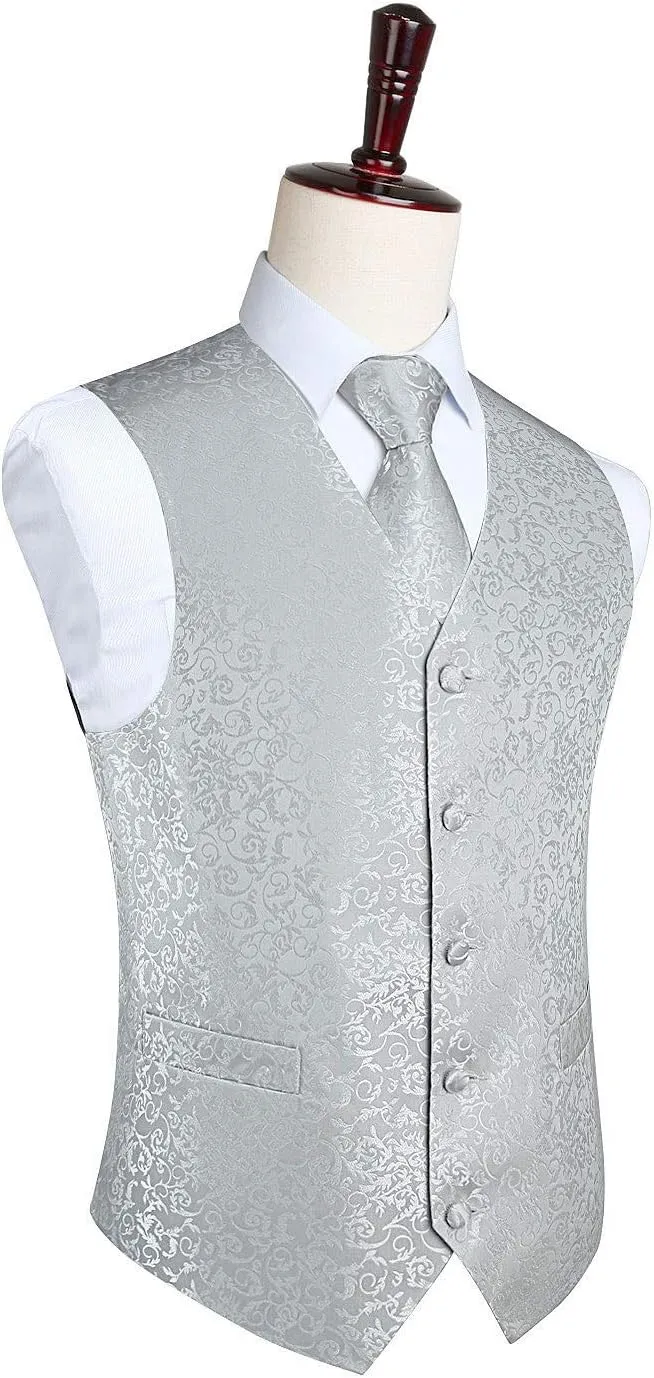 HISDERN Mens Vest Tie Set 3PC Formal Waistcoat Paisley Floral Jacquard Necktie Pocket Square Suit Vests Wedding Party