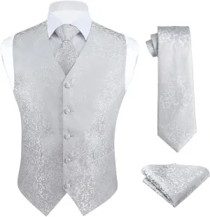 HISDERN Mens Vest Tie Set 3PC Formal Waistcoat Paisley Floral Jacquard Necktie Pocket Square Suit Vests Wedding Party