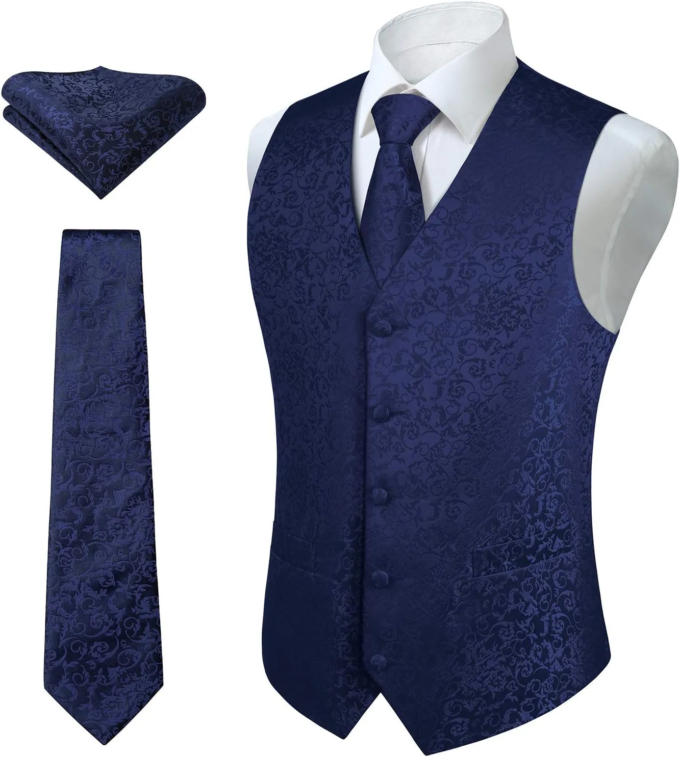 HISDERN Mens Vest Tie Set 3PC Formal Waistcoat Paisley Floral Jacquard Necktie Pocket Square Suit Vests Wedding Party