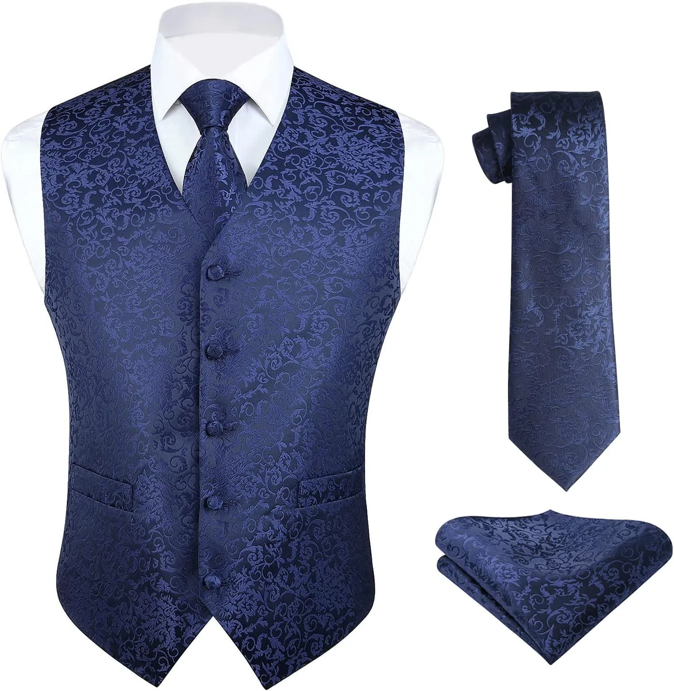 HISDERN Mens Vest Tie Set 3PC Formal Waistcoat Paisley Floral Jacquard Necktie Pocket Square Suit Vests Wedding Party