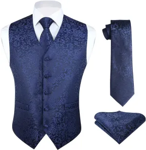 HISDERN Mens Vest Tie Set 3PC Formal Waistcoat Paisley Floral Jacquard Necktie Pocket Square Suit Vests Wedding Party