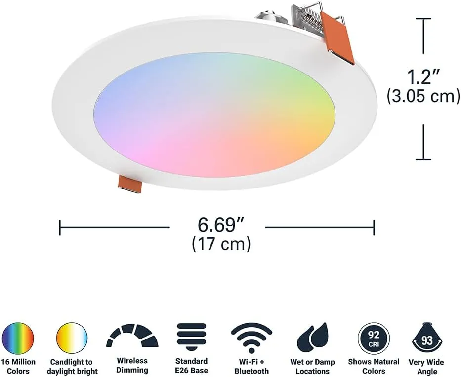 HLB6099WZRGBWMWR: HALO 6” Smart Wi-Fi Slim Canless LED Downlight Powered by WiZ Pro, Dimmable Full Color with Smart Home Integration