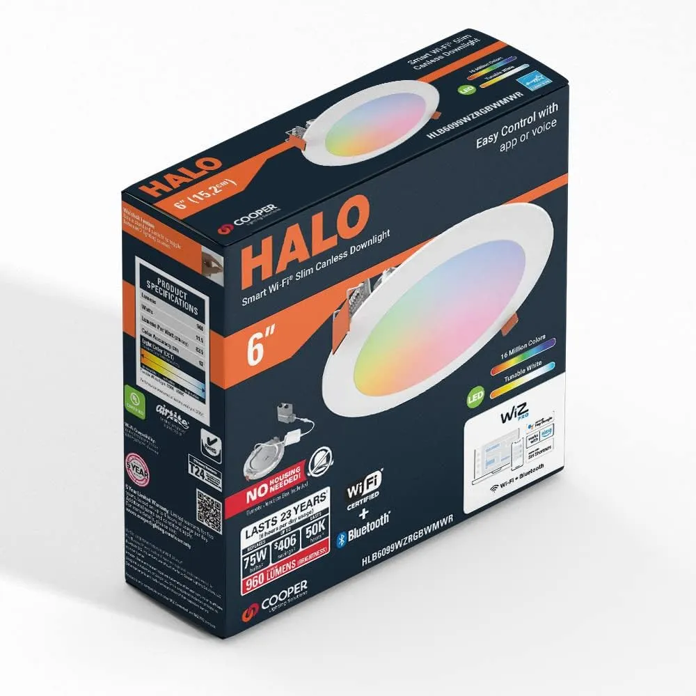 HLB6099WZRGBWMWR: HALO 6” Smart Wi-Fi Slim Canless LED Downlight Powered by WiZ Pro, Dimmable Full Color with Smart Home Integration