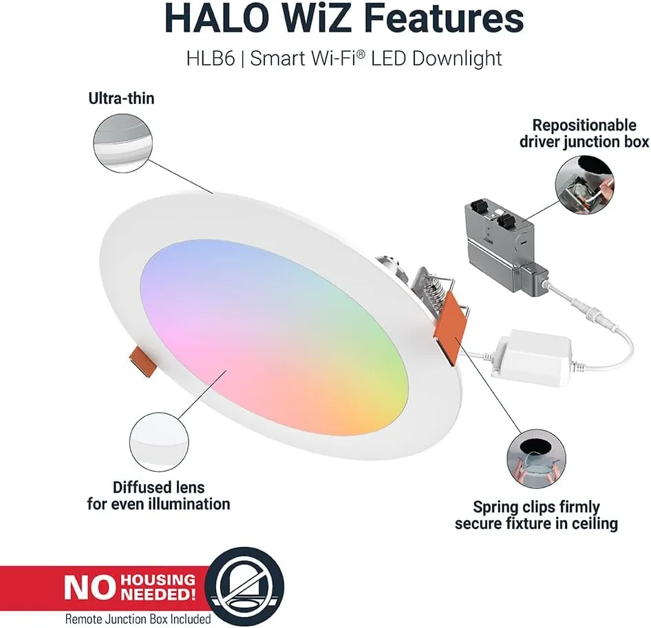 HLB6099WZRGBWMWR: HALO 6” Smart Wi-Fi Slim Canless LED Downlight Powered by WiZ Pro, Dimmable Full Color with Smart Home Integration