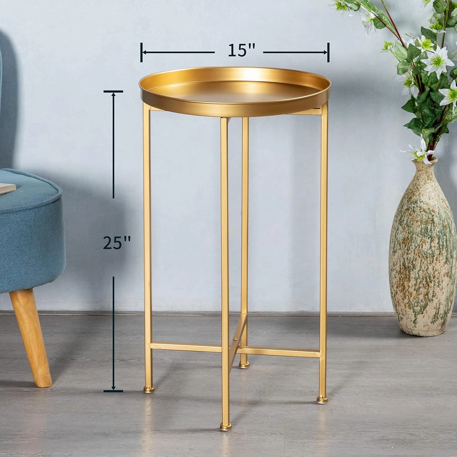 HollyHOME Small Round Metal Waterproof End Table, Accent Indoor&Outdoor Side Table, Sofa Table for Living Room, Anti-Rust Decorative Plant Stand, (D) 14.5" x (H) 25", Golden