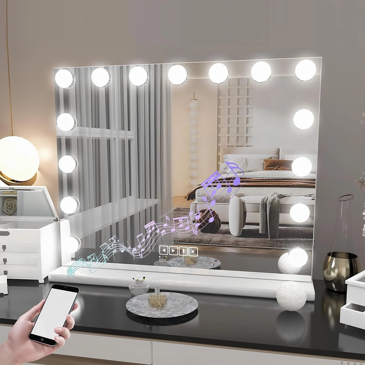Hollywood Vanity Mirror with Lights and Bluetooth Speaker, 39.37''x31.5'' Lighted Makeup Mirror with 15 Dimmable LED Bulbs, USB Charging Port, 10X Magnification, White
