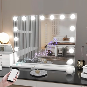 Hollywood Vanity Mirror with Lights and Bluetooth Speaker, 39.37''x31.5'' Lighted Makeup Mirror with 15 Dimmable LED Bulbs, USB Charging Port, 10X Magnification, White