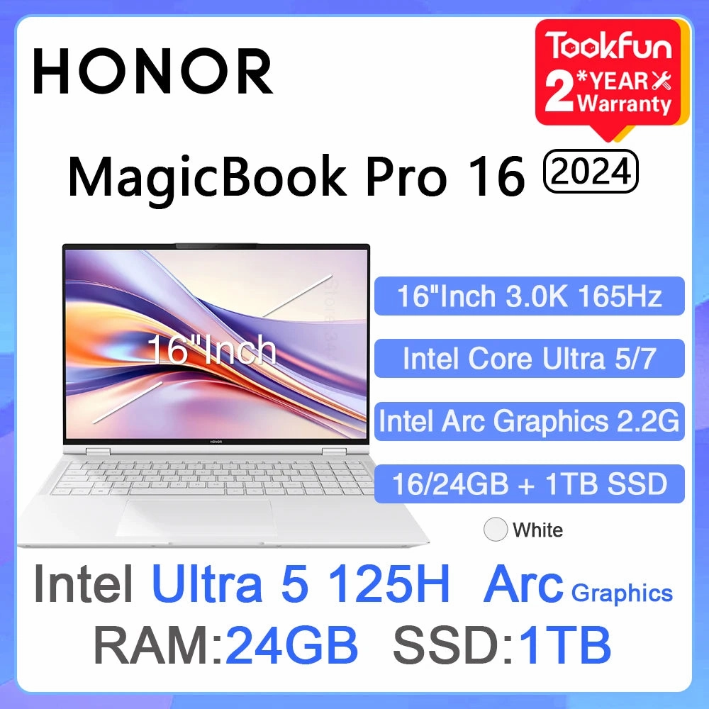 HONOR MagicBook Pro 16 2024 Laptop Intel Ultra 5 125H Arc graphics 16 24GB 1TB 16" Inch 3K 165Hz Notebook Ultrabook Computer PC
