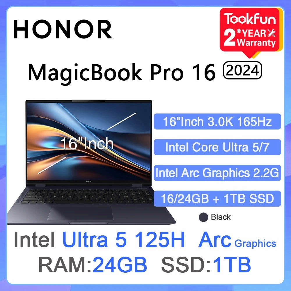 HONOR MagicBook Pro 16 2024 Laptop Intel Ultra 5 125H Arc graphics 16 24GB 1TB 16" Inch 3K 165Hz Notebook Ultrabook Computer PC