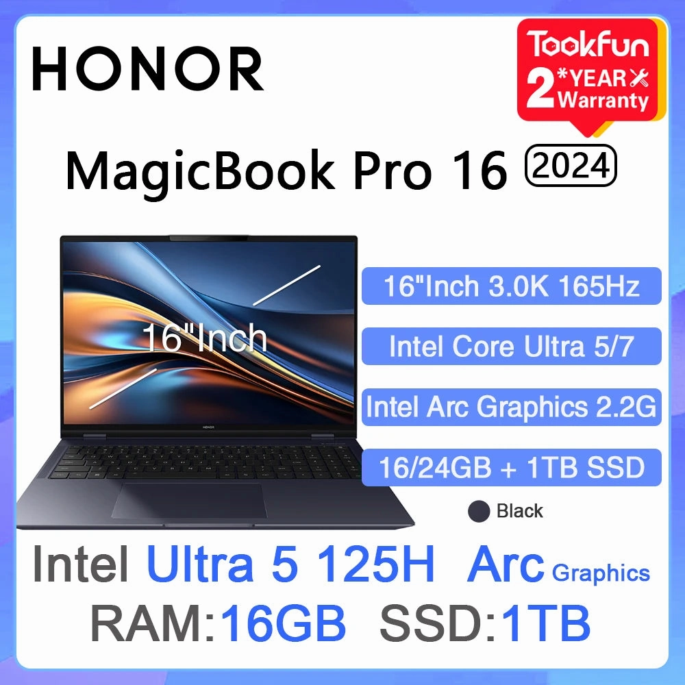 HONOR MagicBook Pro 16 2024 Laptop Intel Ultra 5 125H Arc graphics 16 24GB 1TB 16" Inch 3K 165Hz Notebook Ultrabook Computer PC