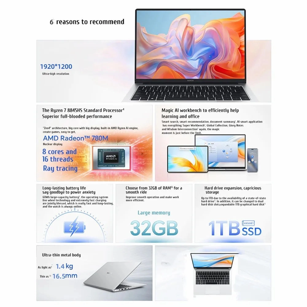 Honor X14 Plus laptop R7-8845HS Radeon 780M 16G 512GB SSD 60Hz IPS Full Eye Screen 14-inch Notebook Win11