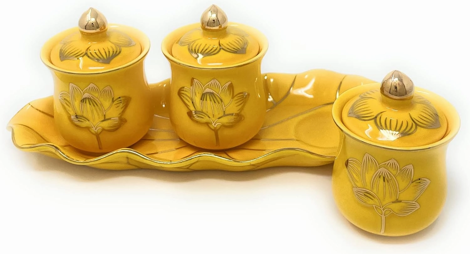 Houlu 3 Altar Cups Set, Ceramic Holy Water Offering Cup, Tibetan Buddhist Worship Cup (Yellow)