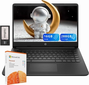 HP Stream 14" HD Laptop, Intel Celeron N4120, 16GB RAM, 288GB Storage (128GB eMMC   160GB SSD Docking Station Set), Intel UHD Graphics, HD Webcam, WiFi, Bluetooth, 1 Year Office 365, Win 11 S, Black
