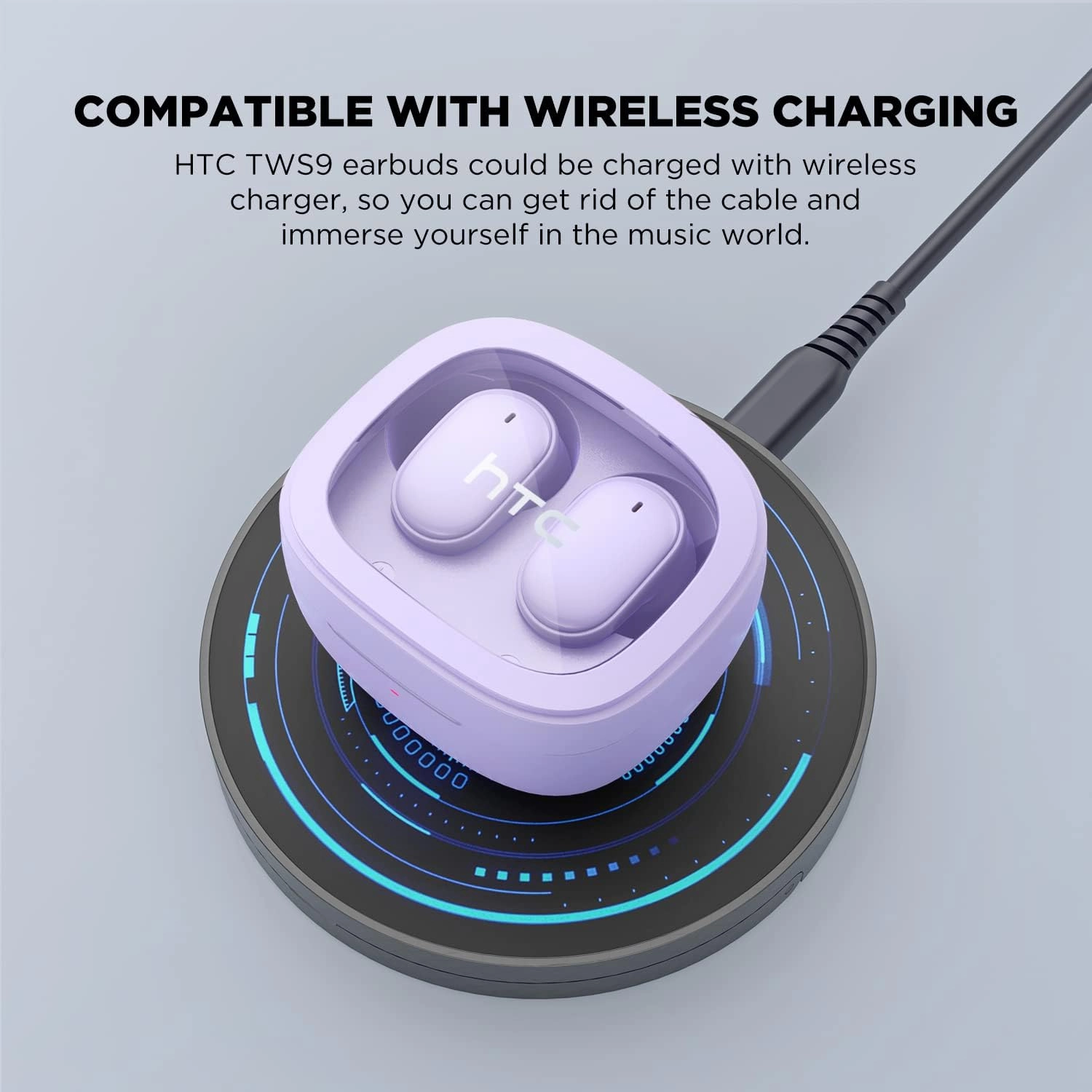 HTC True Wireless Bluetooth Earbuds 9 Bluetooth 5.3, in-Ear Earphones Transparent Case Design with Wireless Charging Fuction, 24Hour Playtime/Game Modes/Built-in Mic/Touch Control -Purple
