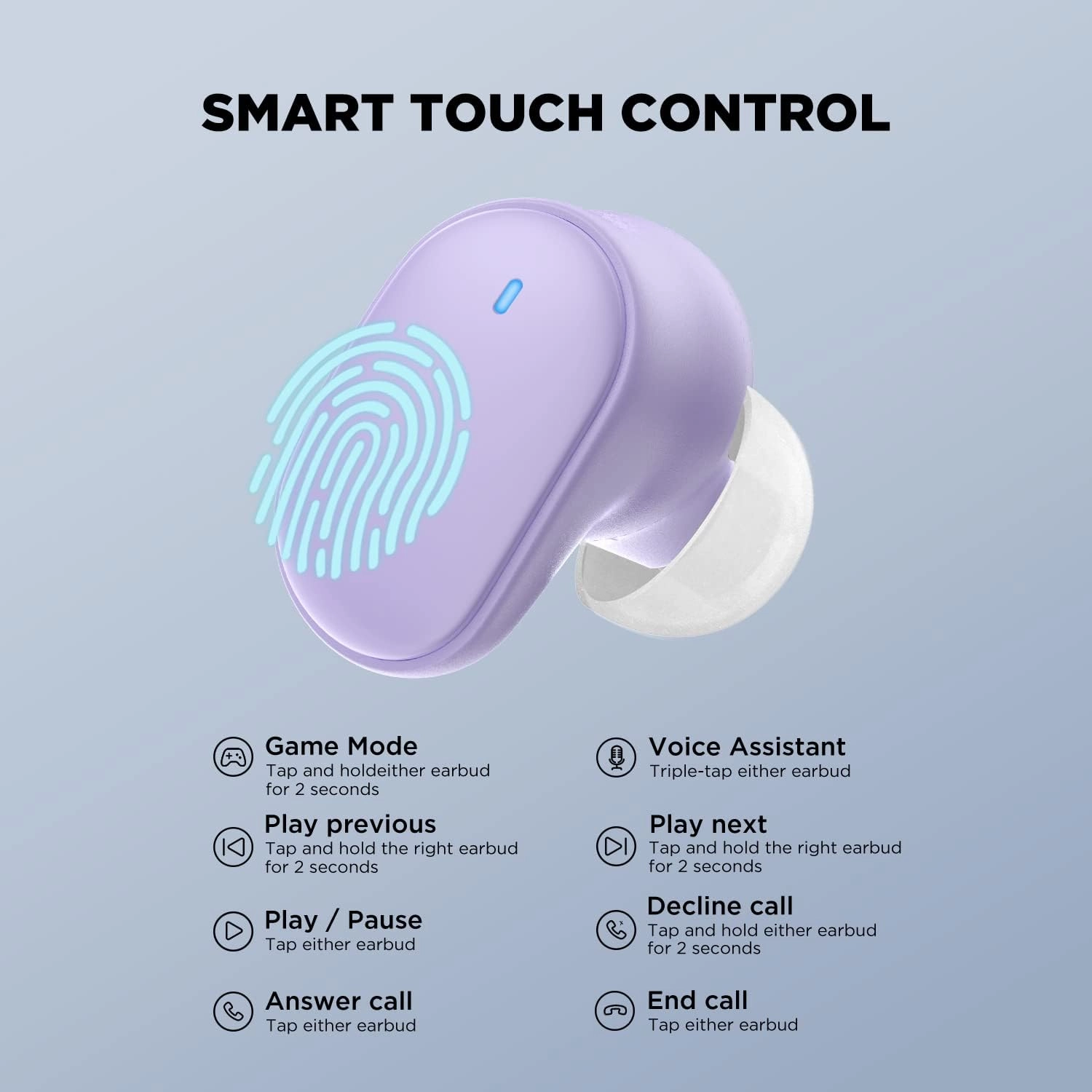 HTC True Wireless Bluetooth Earbuds 9 Bluetooth 5.3, in-Ear Earphones Transparent Case Design with Wireless Charging Fuction, 24Hour Playtime/Game Modes/Built-in Mic/Touch Control -Purple