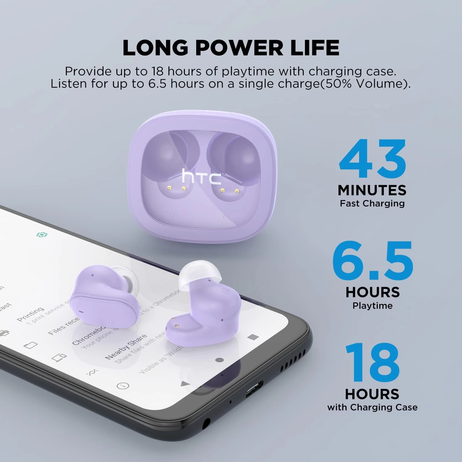 HTC True Wireless Bluetooth Earbuds 9 Bluetooth 5.3, in-Ear Earphones Transparent Case Design with Wireless Charging Fuction, 24Hour Playtime/Game Modes/Built-in Mic/Touch Control -Purple