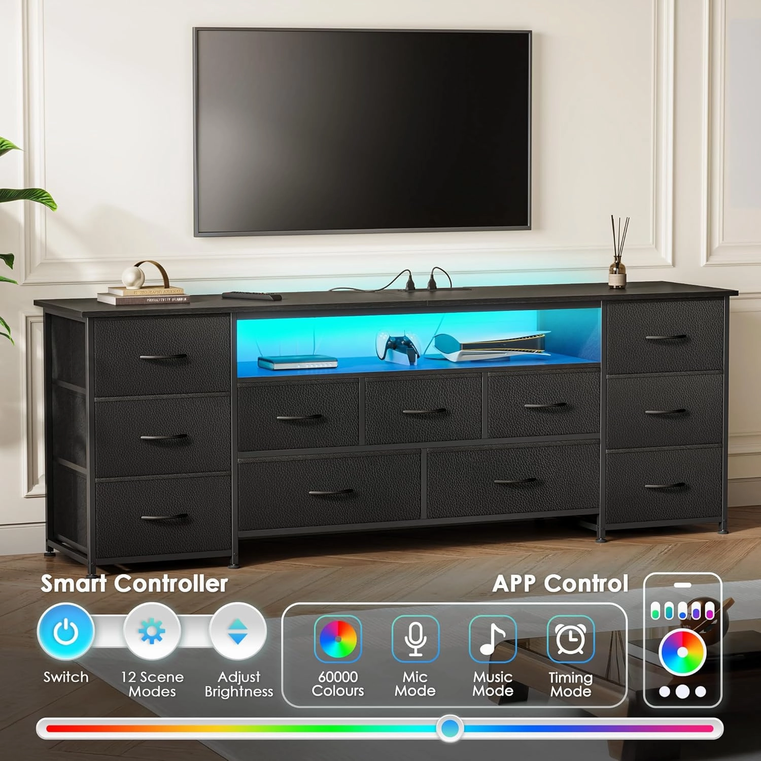 Huuger 63 Inch TV Stand for 65, 70 Inch TV, 11 Drawer Long Dresser with Power Outlets and LED Lights, Entertainment Center with Storage, Black Dresser with PU Leather Surface