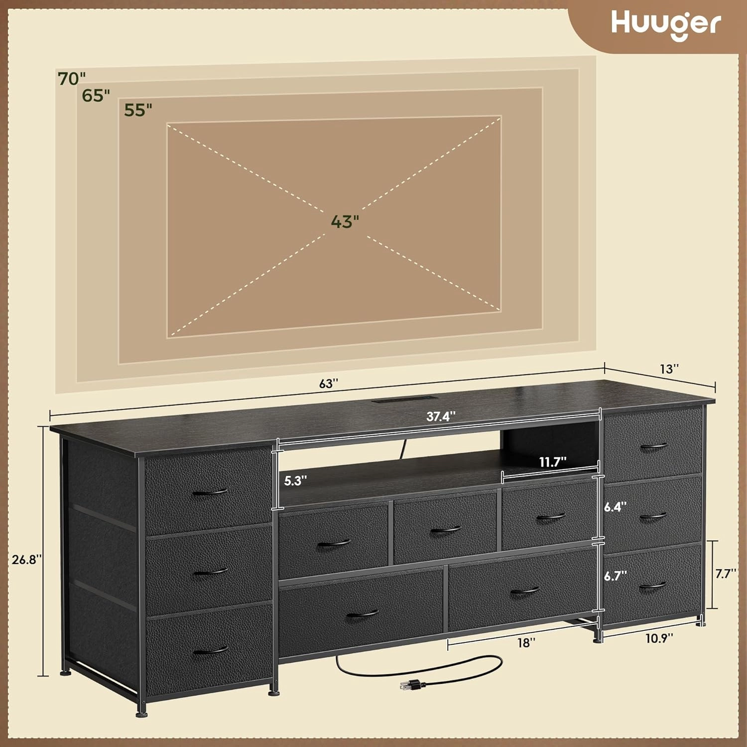 Huuger 63 Inch TV Stand for 65, 70 Inch TV, 11 Drawer Long Dresser with Power Outlets and LED Lights, Entertainment Center with Storage, Black Dresser with PU Leather Surface